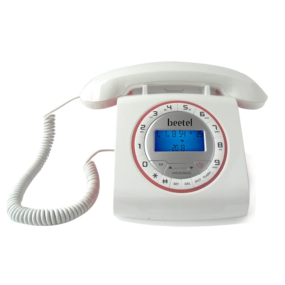 Beetel M73 Caller ID Corded Landline Phone with 16 Digit LCD Display, Retro Design, Alphanumeric Keypad, 2-Way Speaker Phone, Adjustable Ringing (Whit