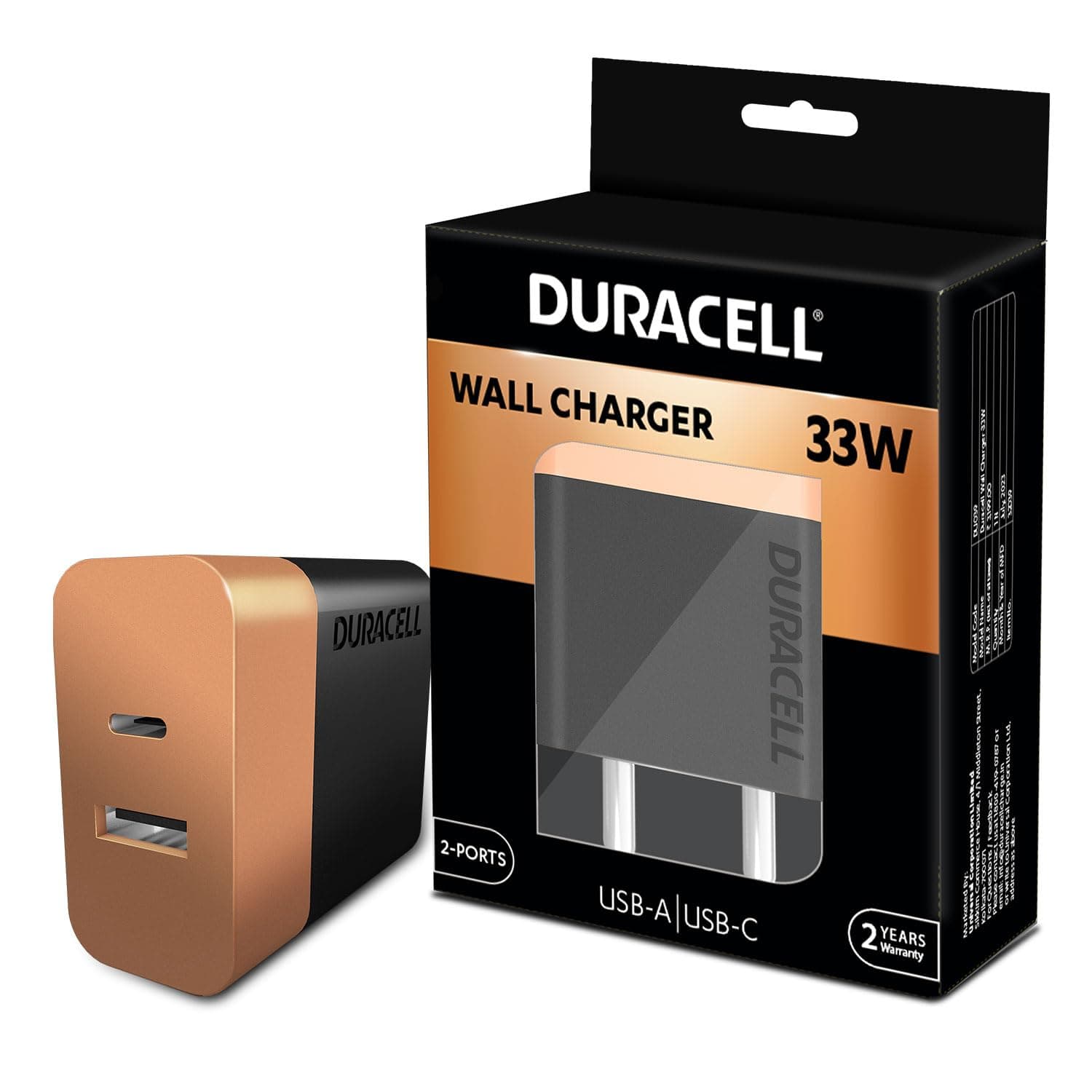 Duracell 33 Watts Fast Wall Charger Adapter, Dual Port, USB A, PD, Fast Mobile Charger Compatible with iPhone,Google, iPad, Samsung, Note, Redmi, Mi,