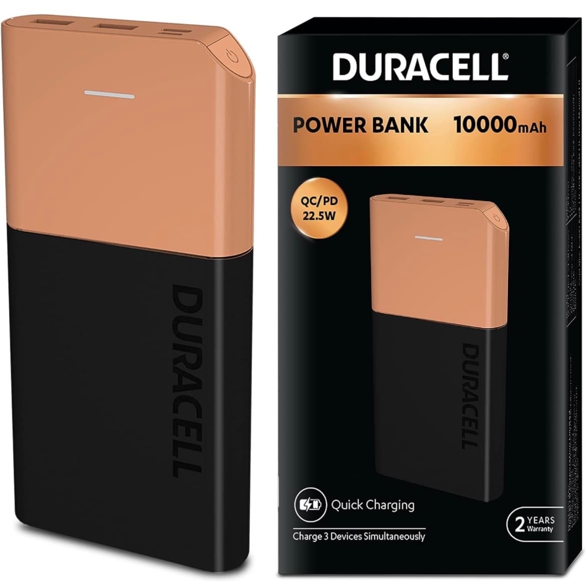 Duracell Power Bank 10000 mAh, Portable Charger, USB C/Micro USB Input, USB A/USB C Output, Fast Charge Technology, 22.5W Power Delivery for Smartphon