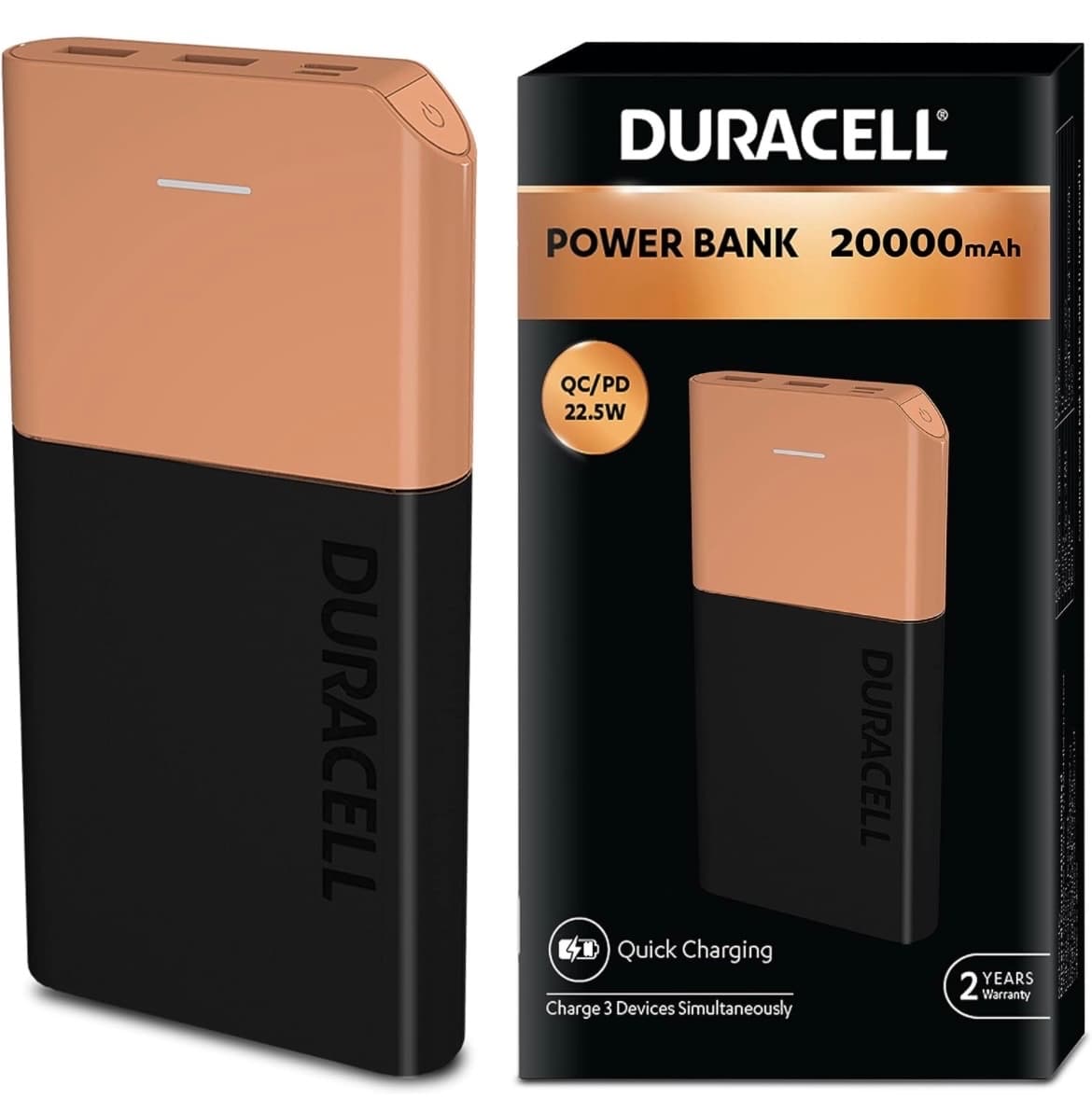 Duracell Power Bank 20000 mAh, Portable Charger, USB C/Micro USB Input, USB A/USB C Output, Fast Charge Technology, 22.5W Power Delivery for Smartphon