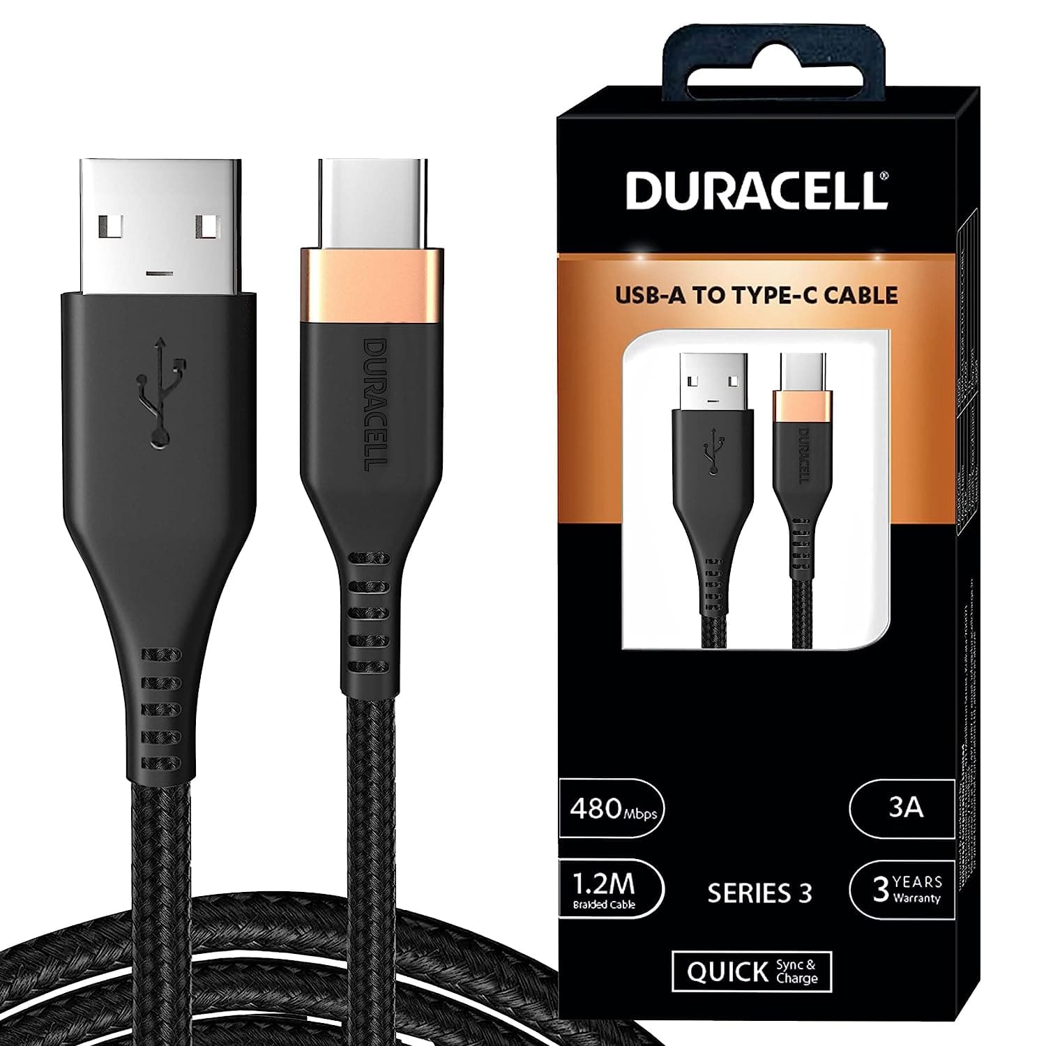 Duracell USB Type C, 3A Braided Sync & Fast Charging Cable, 3.9 Ft (1.2M), QC 2.0/3.0 Ultra Fast Charging, Compatible with Samsung, One Plus & all C t Total