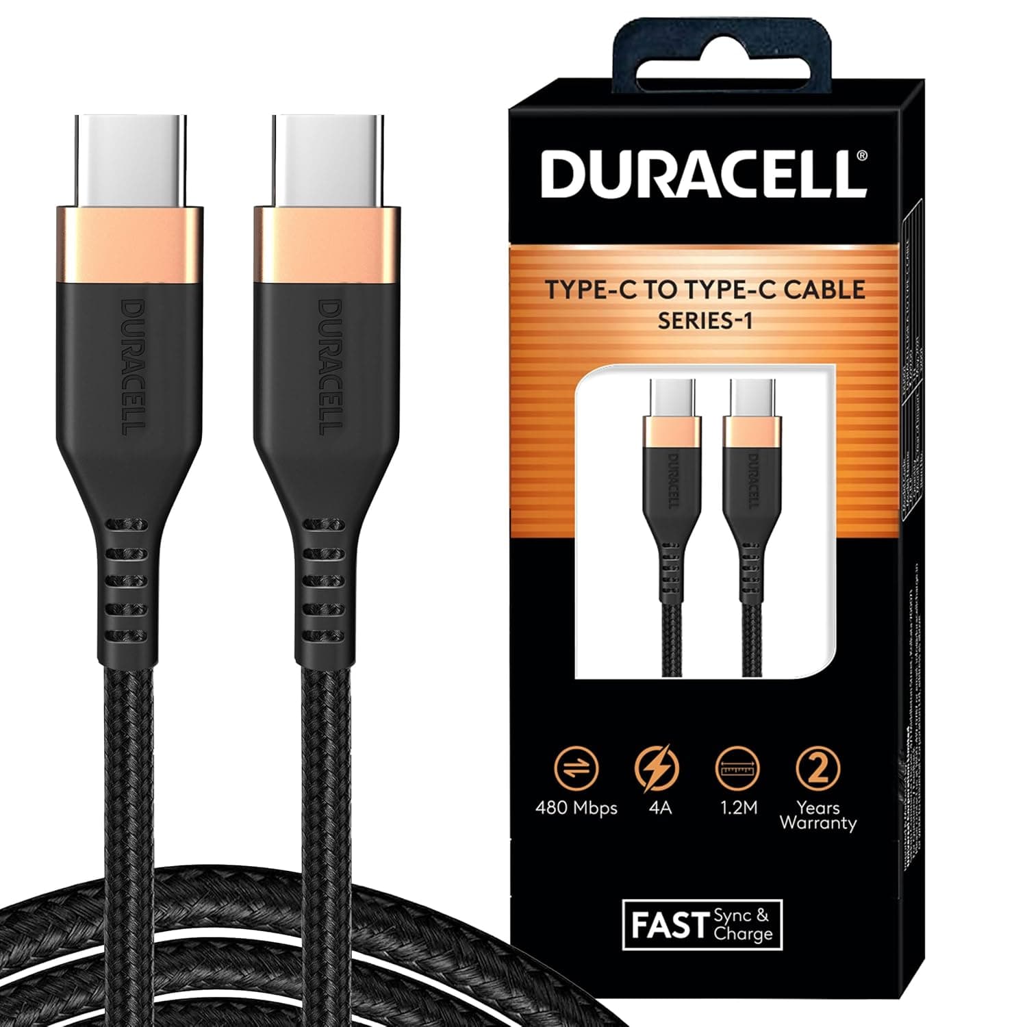Duracell USB Type C To Type C 4A (60W) Braided Sync & Fast Charging Cable, Compatible With Mobile, Laptop, Tablets & MacBook, 3.9 Feet (1.2M), Support