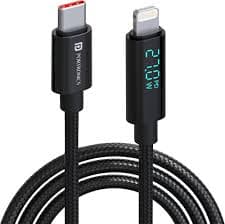 Portronics Konnect View 3A 27W Futuristic Type C to 8 Pin Unbreakable Nylon Braided Fast Charging Cable with Real Time Monitoring Led Display
