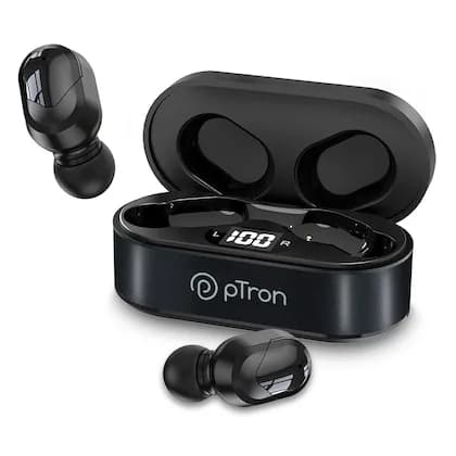 PTron Bassbuds Plus True Wireless Bluetooth 5.0 in Ear Earbuds, Deep Bass, IPX4 Water/Sweat Resistant, Passive Noise Canceling, Digital Display Case &