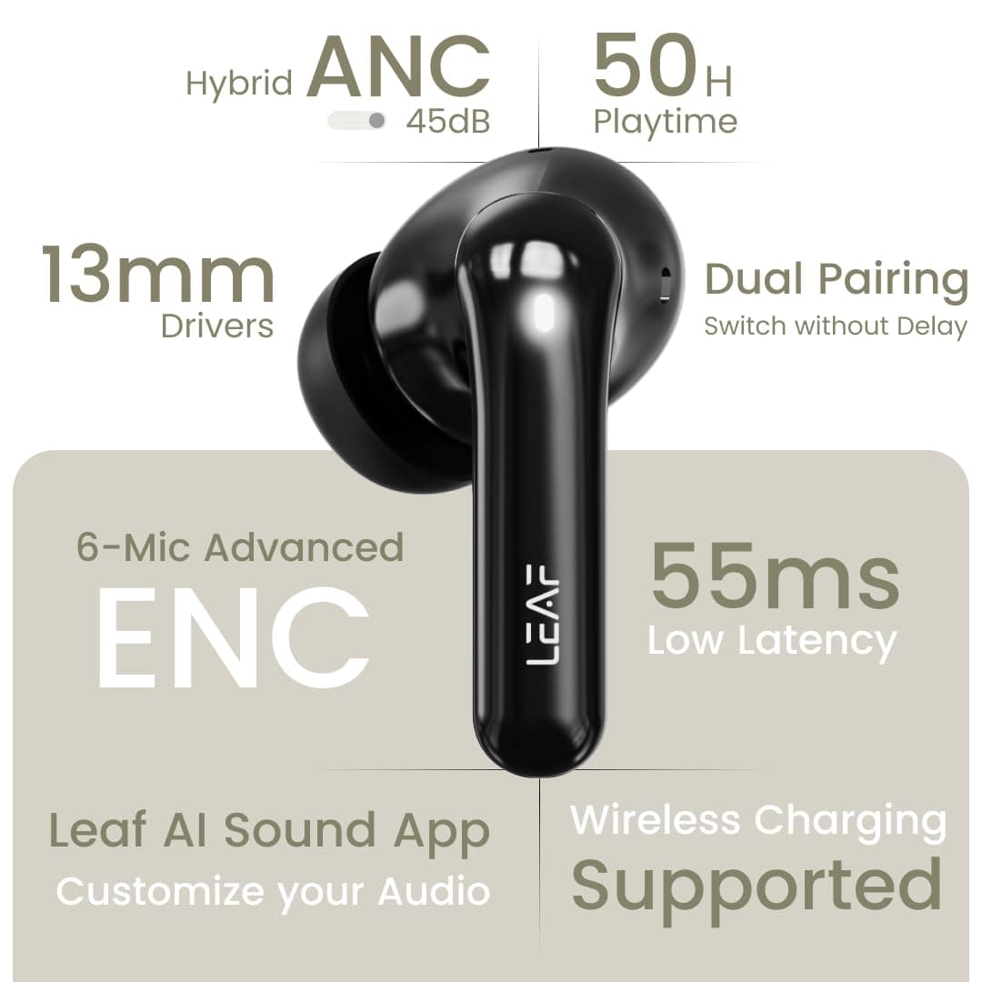 Leaf Pods X1 Wireless Earbuds with 45dB Hybrid ANC, 50H Playtime